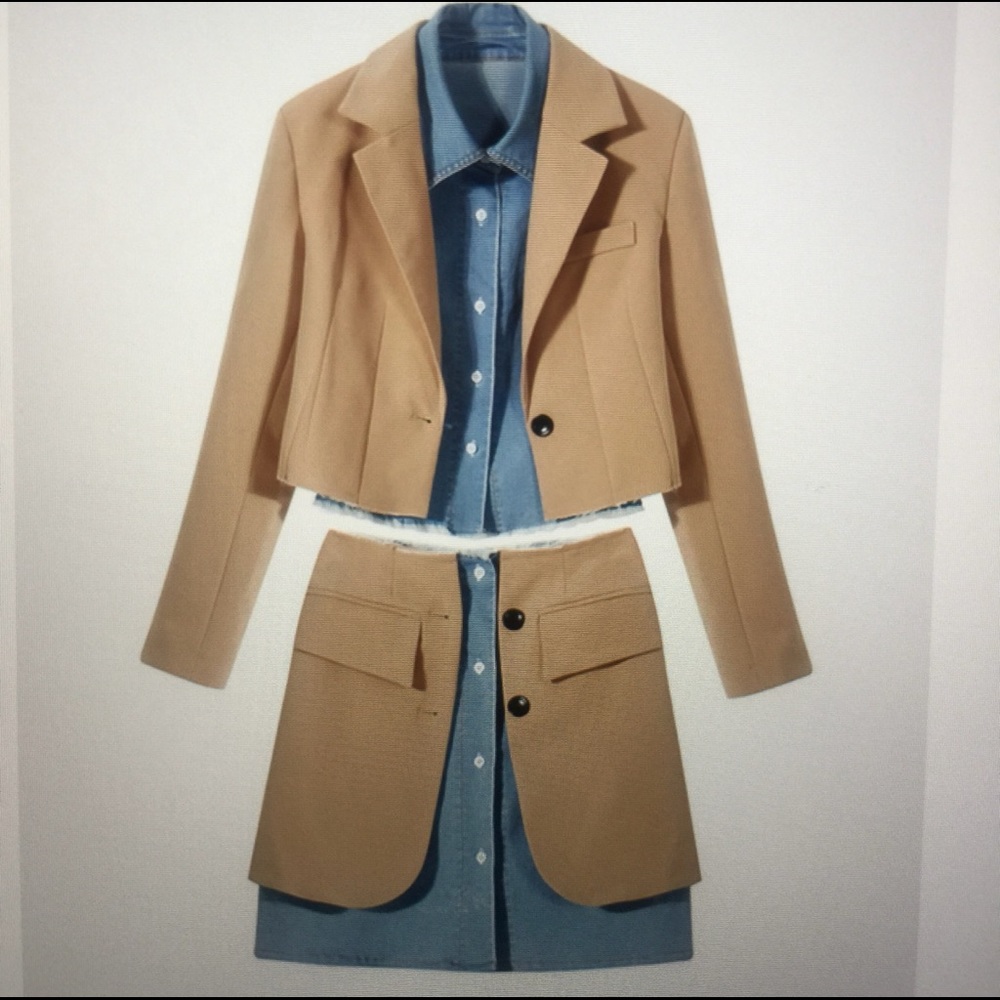 Denim spliced blazer and skirt set.